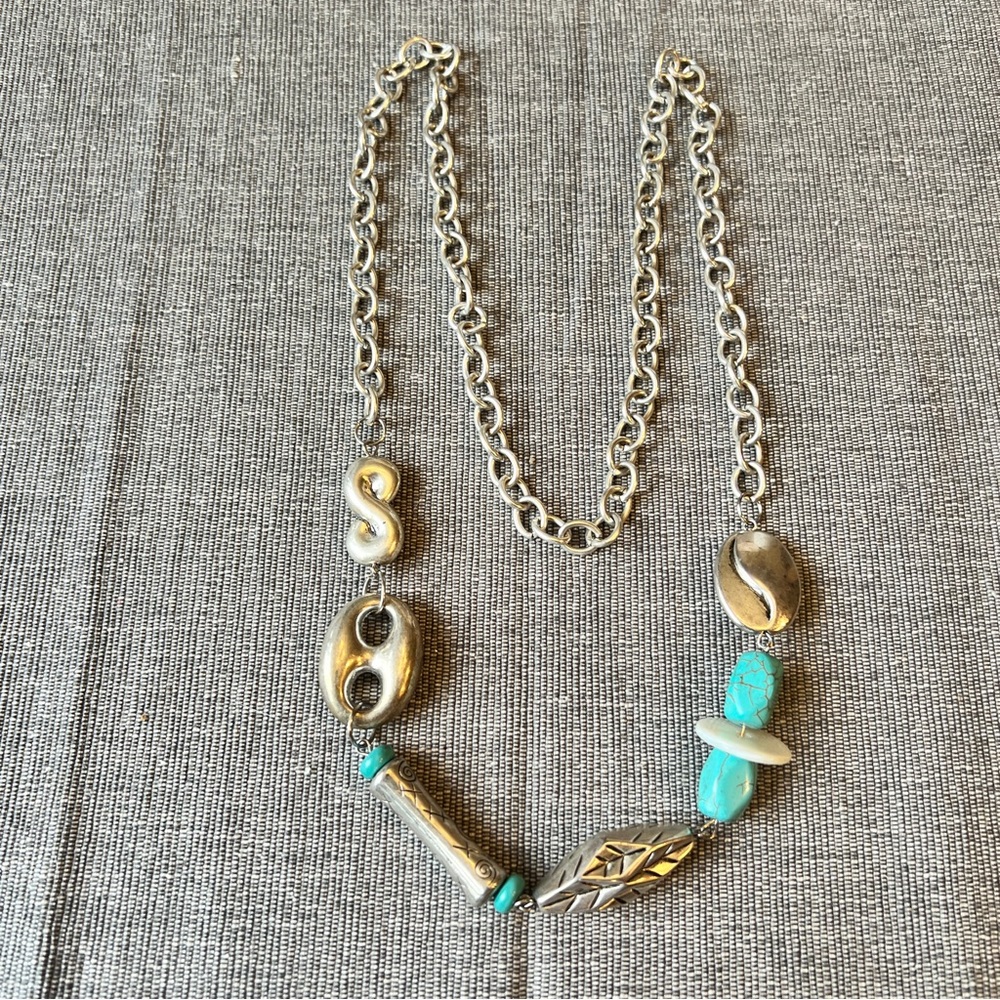 Modernist American Indian Faux Silver and Turquoise Necklace